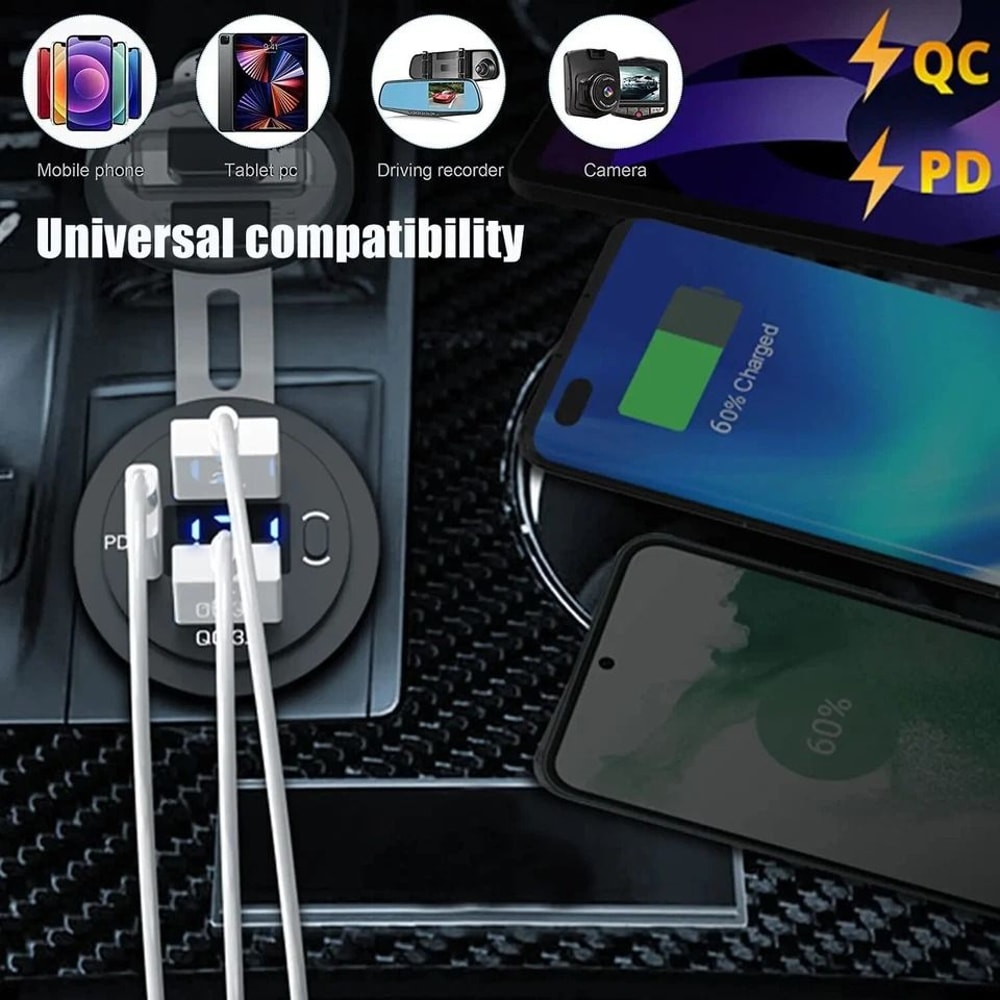 Car Fast Charger PD QC Dual USB Power Socket Outlet With LED Voltmeter Waterproof Charging Power 5