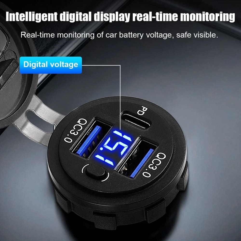 Car Fast Charger PD QC Dual USB Power Socket Outlet With LED Voltmeter Waterproof Charging Power 6