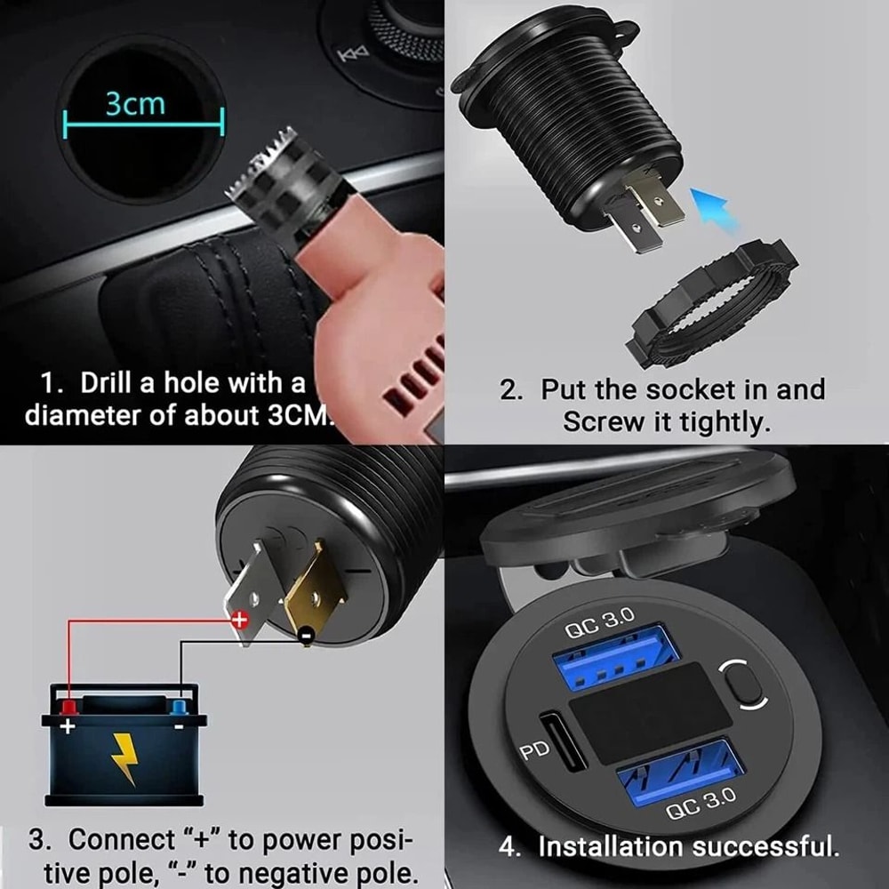 Car Fast Charger PD QC Dual USB Power Socket Outlet With LED Voltmeter Waterproof Charging Power 7