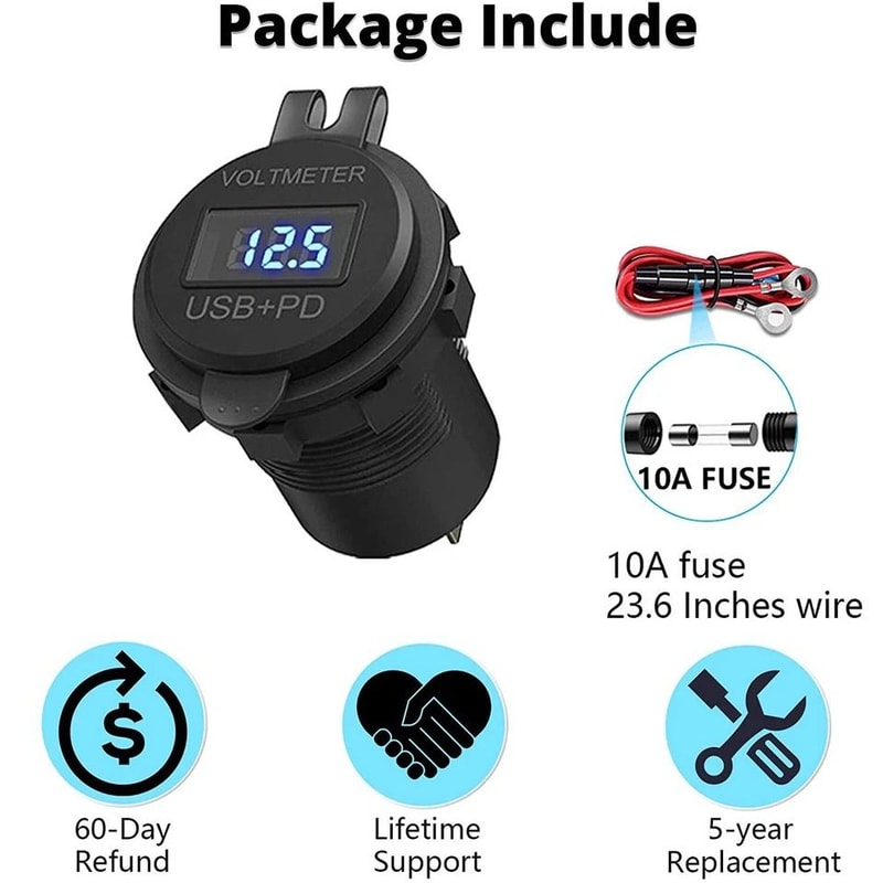 Car Fast Charger PD QC Dual USB Power Socket Outlet With LED Voltmeter Waterproof Charging Power 12