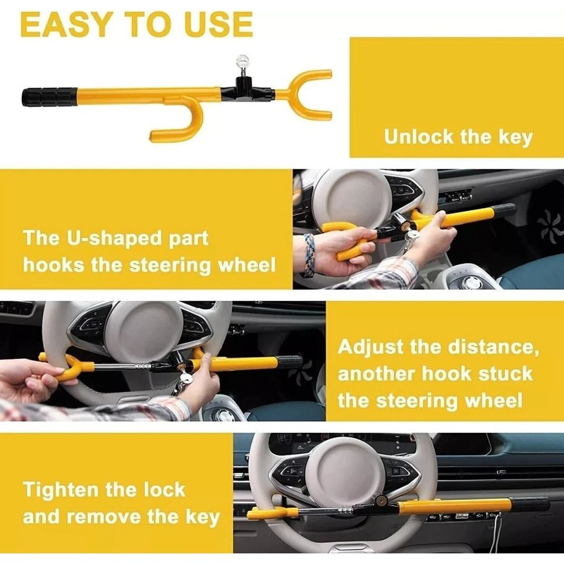 AntiTheft Steering Wheel Lock Club Twin Hooks Universal Fits Car Truck Van Yellow 4