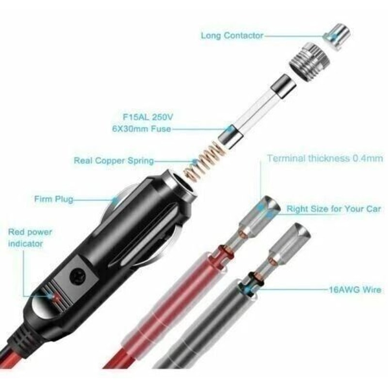Car Cigarette Lighter Plug With Fuse LED Power Indicator AWG Socket Plug Compatible With Car Access 2