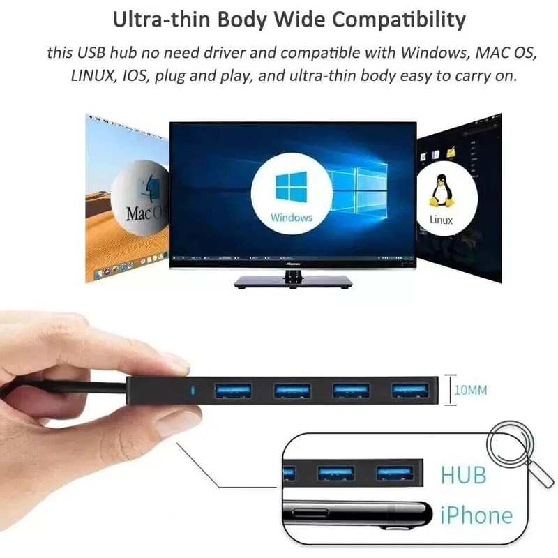 USB Hub Splitter Port USB Expander For Laptops Flash Drive HDD More 5
