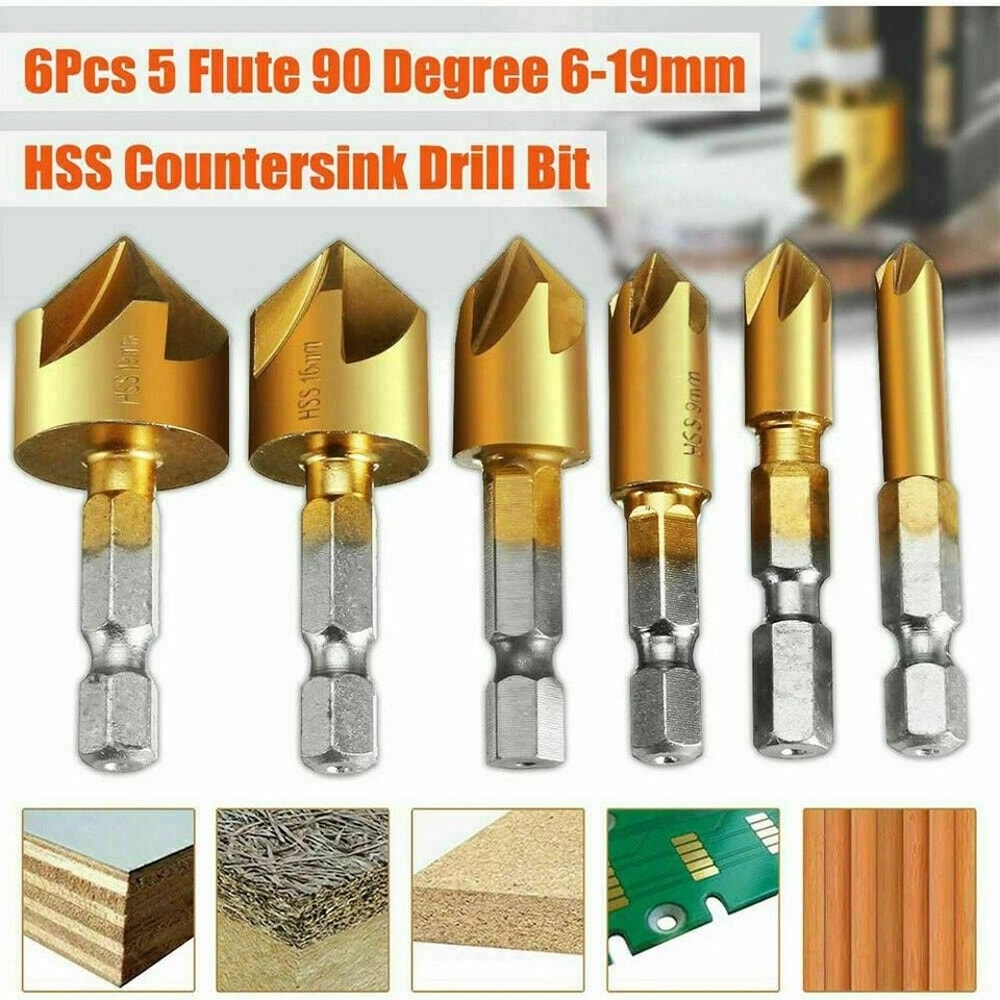 HSS Woodworking Countersink Drill Bit Hex Shank Flute Chamfer Cutter For Pilot Screw Holes 8