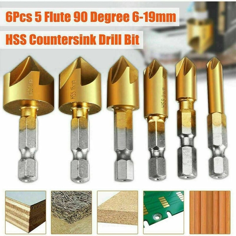 HSS Woodworking Countersink Drill Bit Hex Shank Flute Chamfer Cutter For Pilot Screw Holes 8