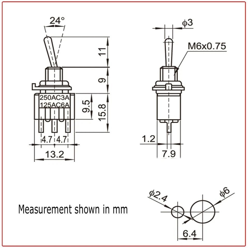 MTS Pin SPDT ONON Mini Toggle Switches Red Position Stainless Steel 3