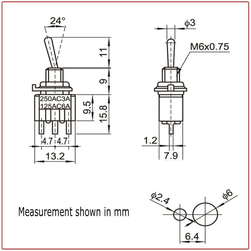 MTS Pin SPDT ONON Mini Toggle Switches Red Position Stainless Steel 3