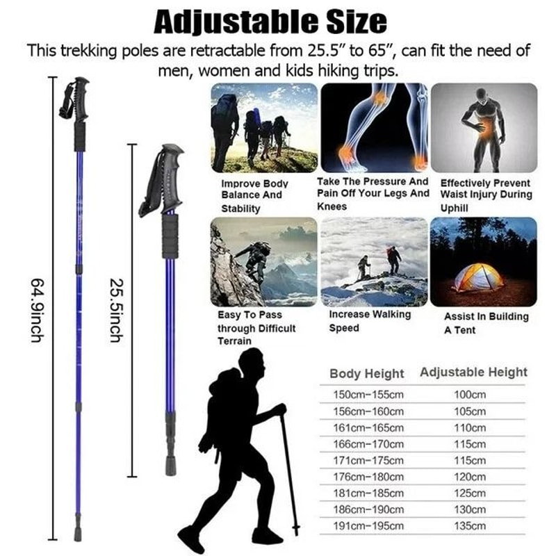 Walking Sticks AntiShock Pair Trekking Hiking Poles Collapsible Alpenstock Grip For Hiking Backpack