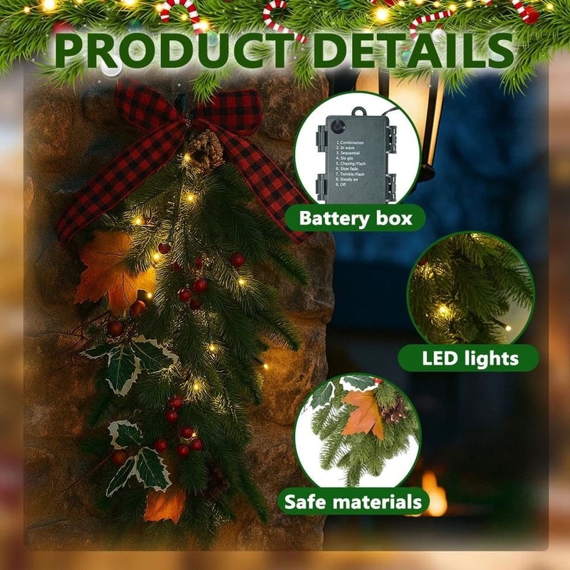 PreLit Christmas Teardrop Swag With LED Lights Battery Operated Christmas Decor For Doors Stairs Wi 4