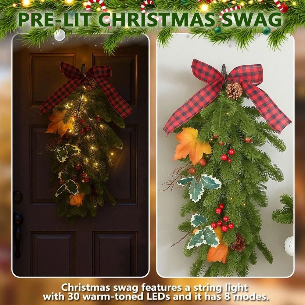 PreLit Christmas Teardrop Swag With LED Lights Battery Operated Christmas Decor For Doors Stairs Wi 5