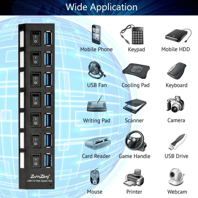 HighSpeed USB Hub Adapter For Laptop PC Expander Port USB Splitter Data Transfer With Power Adapte 7