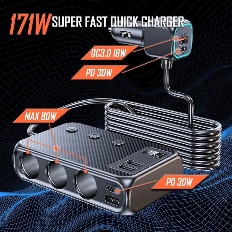 Fast Charging Multi Port USB C Car Cigarette Lighter Adapter 9 Ports For Vehicle Electronics 2