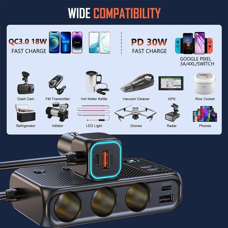 Fast Charging Multi Port USB C Car Cigarette Lighter Adapter 9 Ports For Vehicle Electronics 7