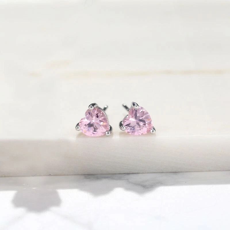 Pink Heart CZ Stud Earrings Solid Sterling Silver Ct Cubic Zirconia Perfect Gift For Her 1