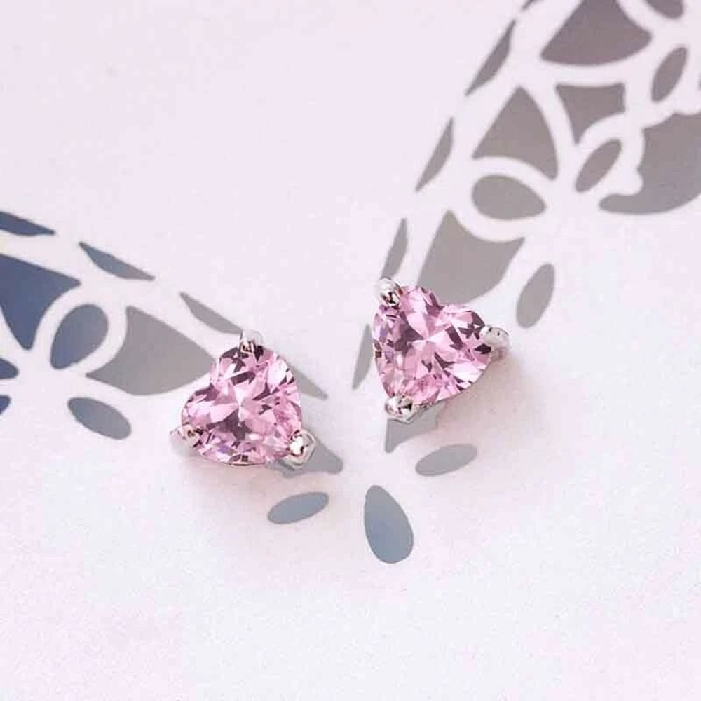 Pink Heart CZ Stud Earrings Solid Sterling Silver Ct Cubic Zirconia Perfect Gift For Her 0