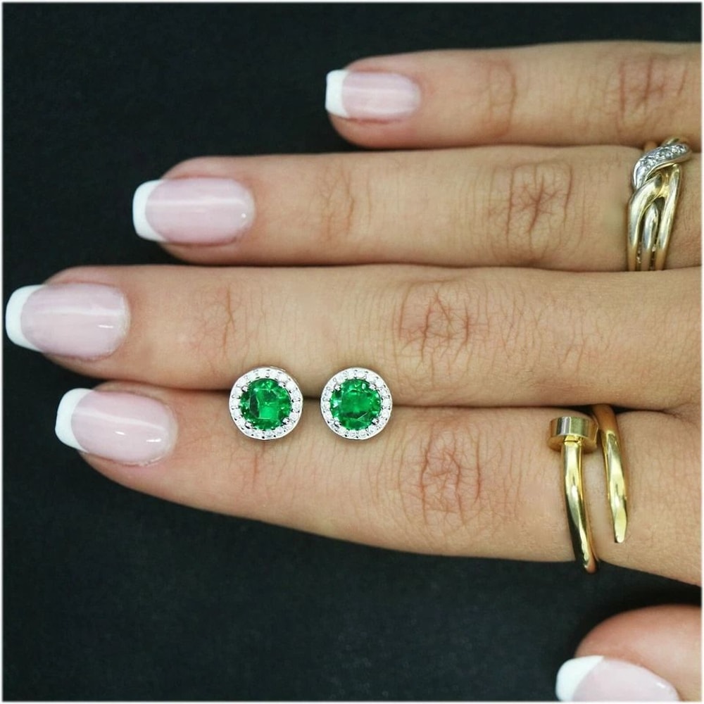 Sterling Silver Round Lab Created Emerald And White Topaz Halo Stud Earrings 2