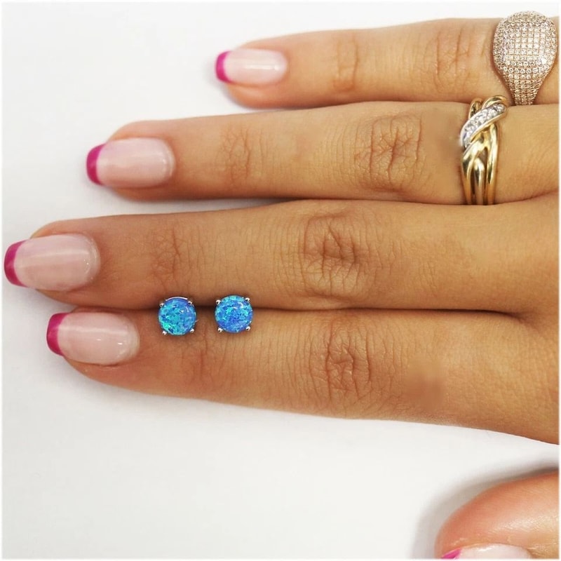 Blue Fire Opal Stud Earrings Sterling Silver 6mm Round For Women Genuine Ethiopian Opal Classic Des 2