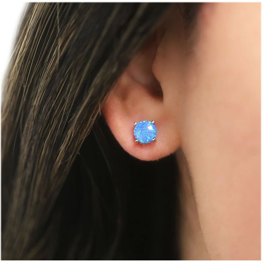 Blue Fire Opal Stud Earrings Sterling Silver 6mm Round For Women Genuine Ethiopian Opal Classic Des 3