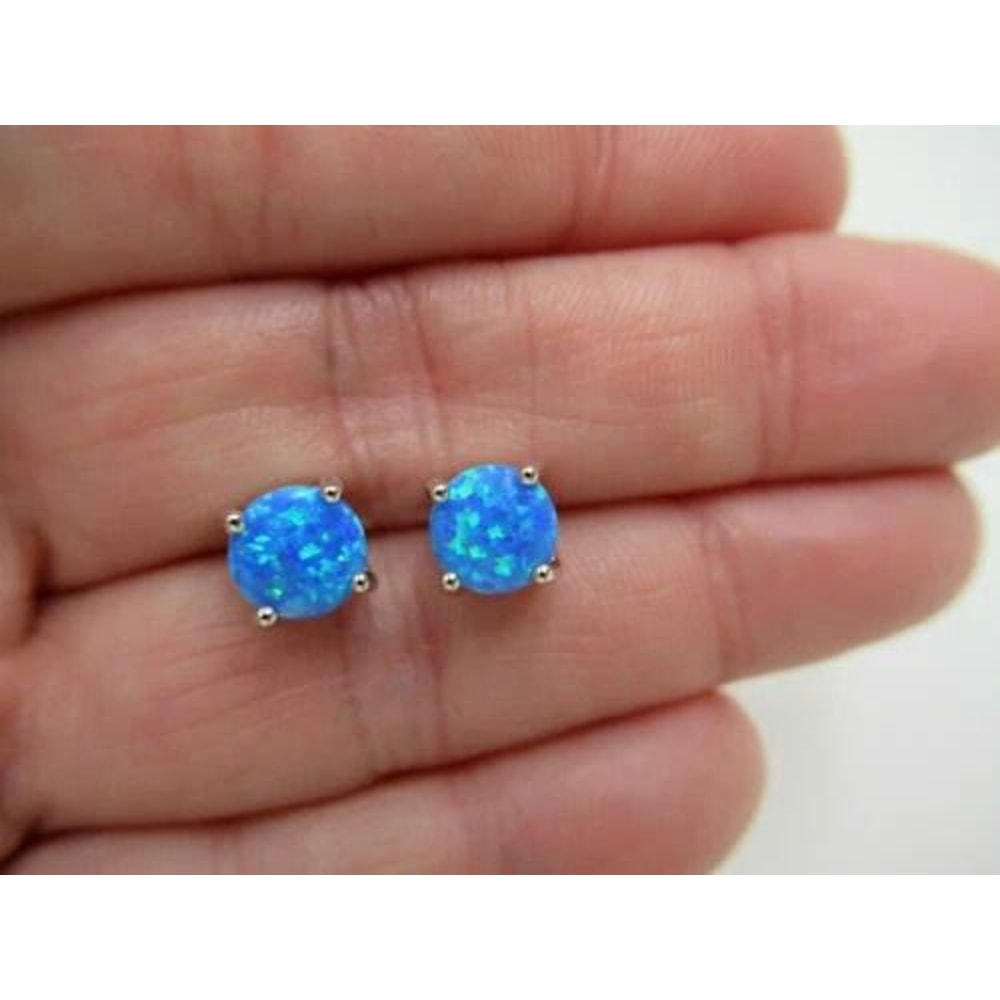 Blue Fire Opal Stud Earrings Sterling Silver 6mm Round For Women Genuine Ethiopian Opal Classic Des 5