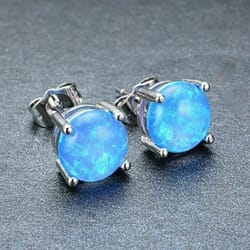 blue fire opal stud earrings, sterling silver round for women, classic design