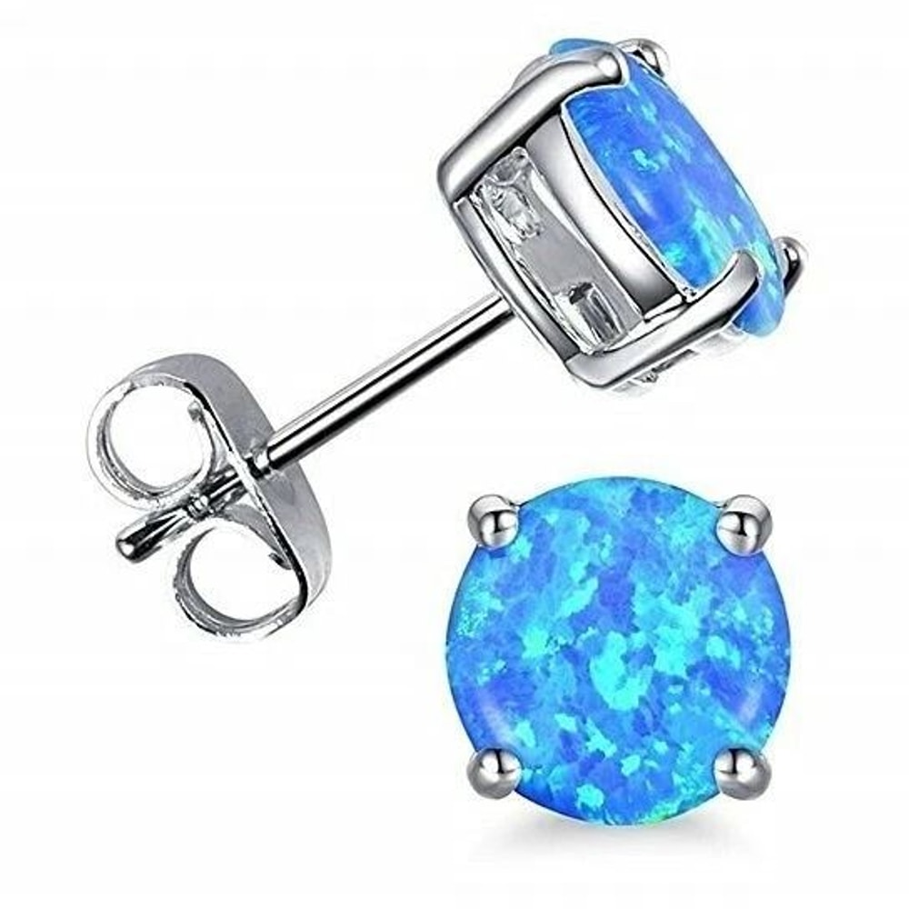 Blue Fire Opal Stud Earrings Sterling Silver 6mm Round For Women Genuine Ethiopian Opal Classic Des 1