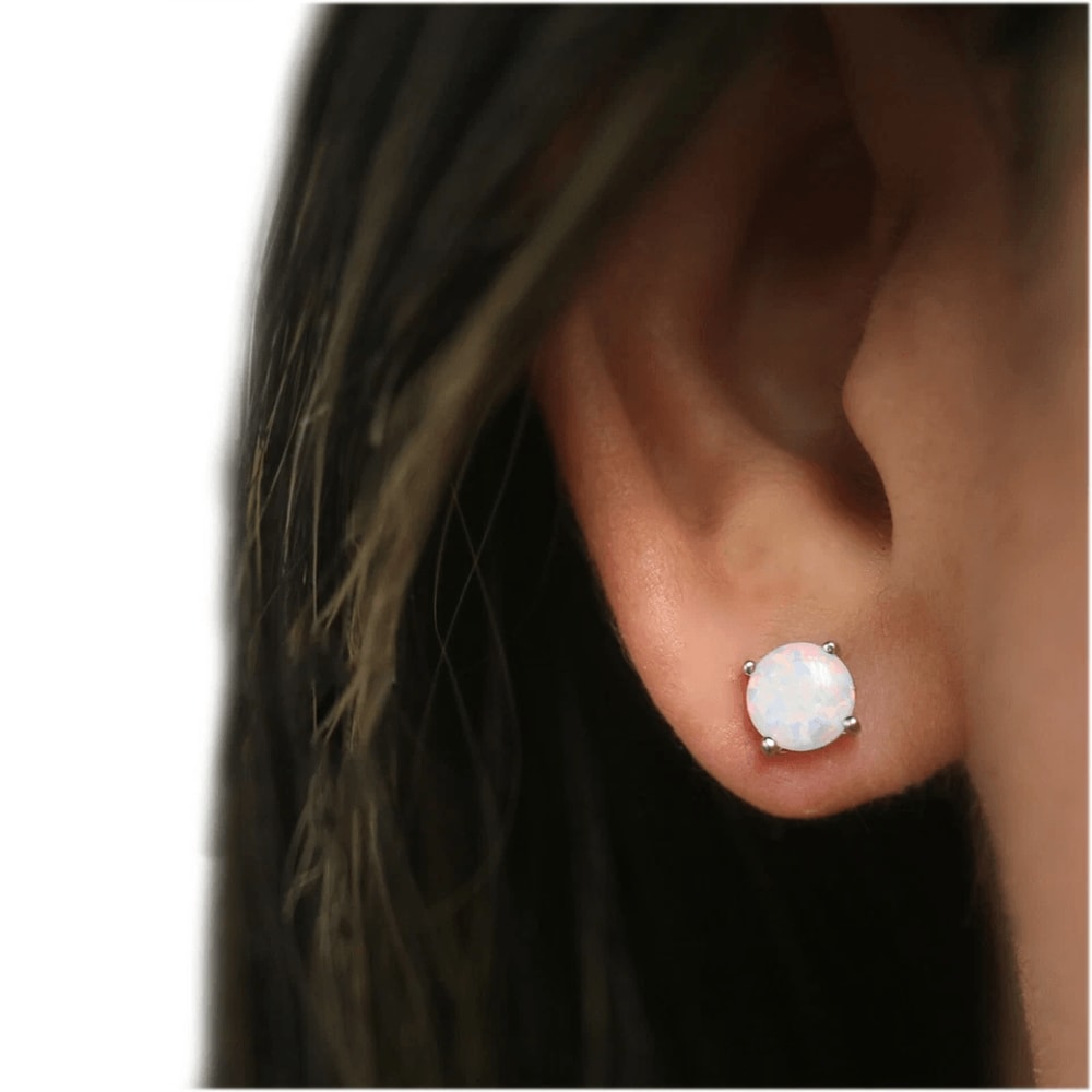 White Fire Opal Stud Earrings 6mm Sterling Silver Round Design For Women Sparkling Jewelry For Spec 2