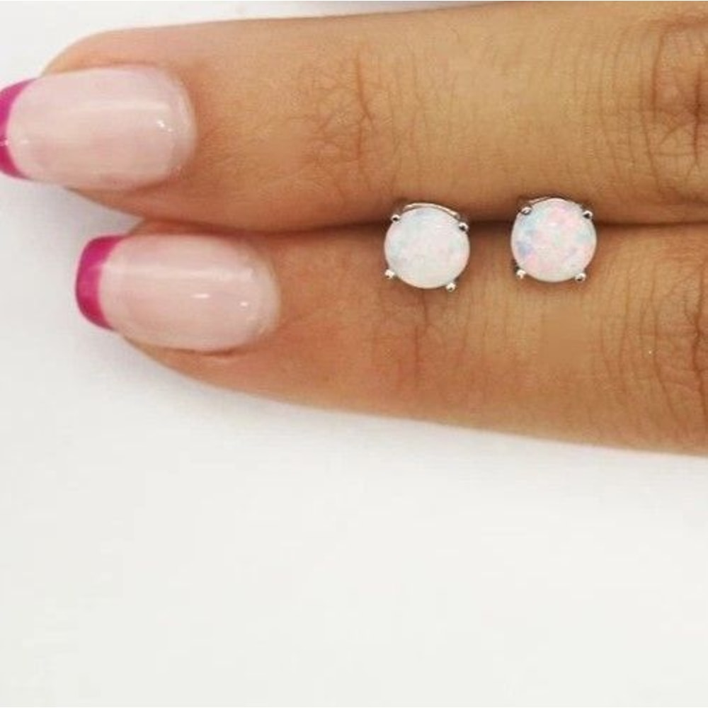 White Fire Opal Stud Earrings 6mm Sterling Silver Round Design For Women Sparkling Jewelry For Spec 3