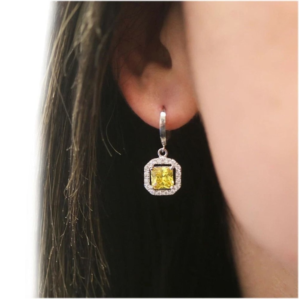 Sterling Silver Princess Cut Halo Leverback Earrings Yellow White Topaz Cubic Zirconia Drop Dangl 2