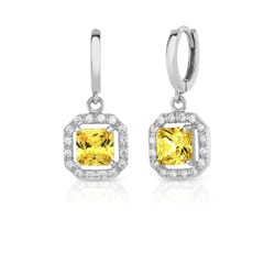 sterling silver princess cut halo leverback earrings, yellow & white topaz, cubic zirconia, drop & dangle design