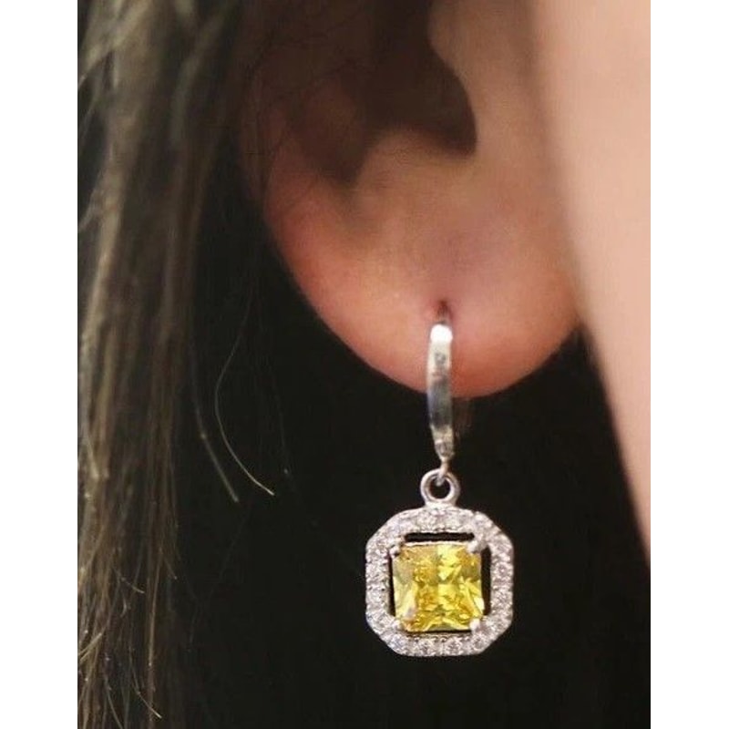 Sterling Silver Princess Cut Halo Leverback Earrings Yellow White Topaz Cubic Zirconia Drop Dangl 3