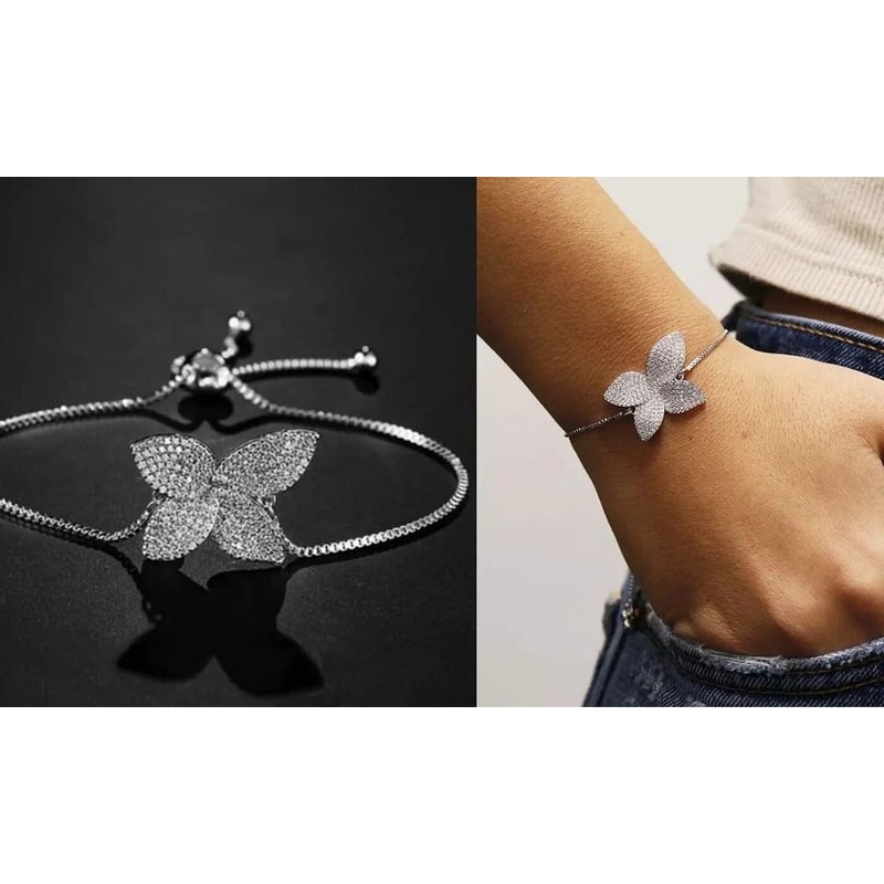 Sterling Silver Plated Womens Bracelet Adjustable Bolo Butterfly Design With CZ Gold Plated 3