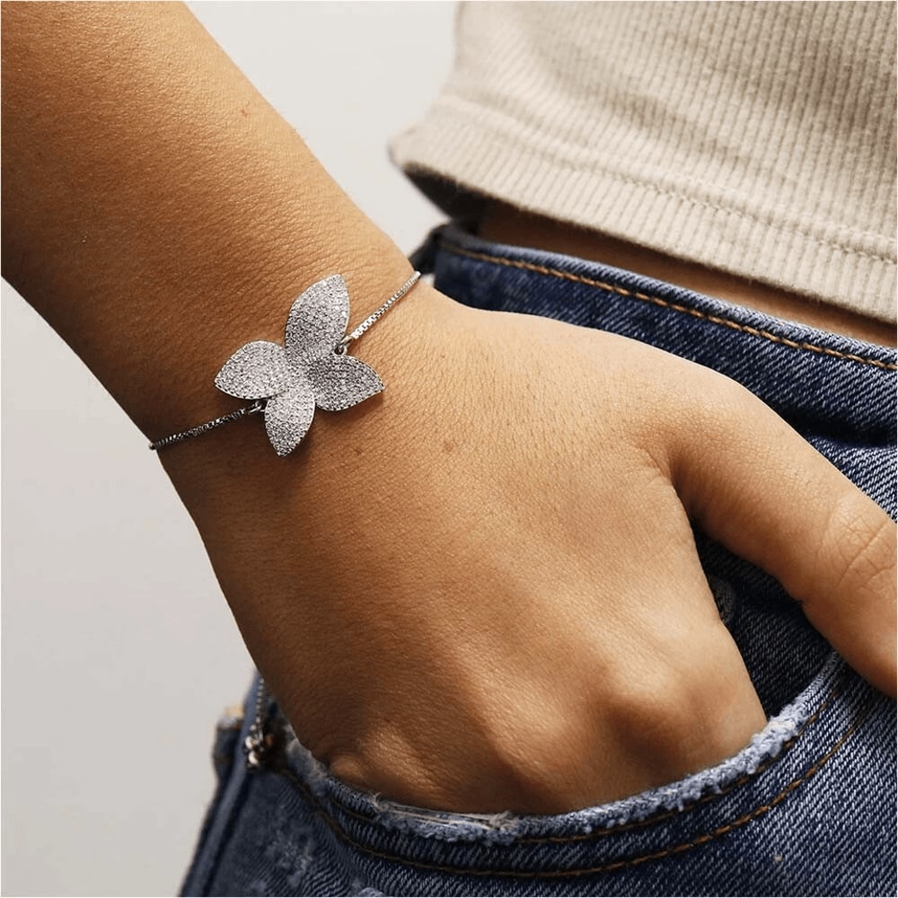 Sterling Silver Plated Womens Bracelet Adjustable Bolo Butterfly Design With CZ Gold Plated 1
