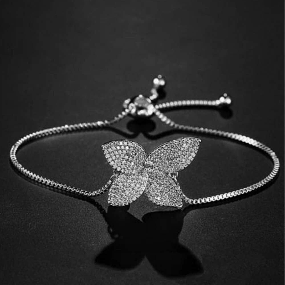 Sterling Silver Plated Womens Bracelet Adjustable Bolo Butterfly Design With CZ Gold Plated 0