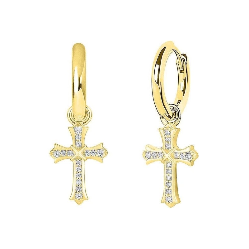 Men Women Gold Plated CZ Cross Leverback Huggie Hoop Drop Earrings 3