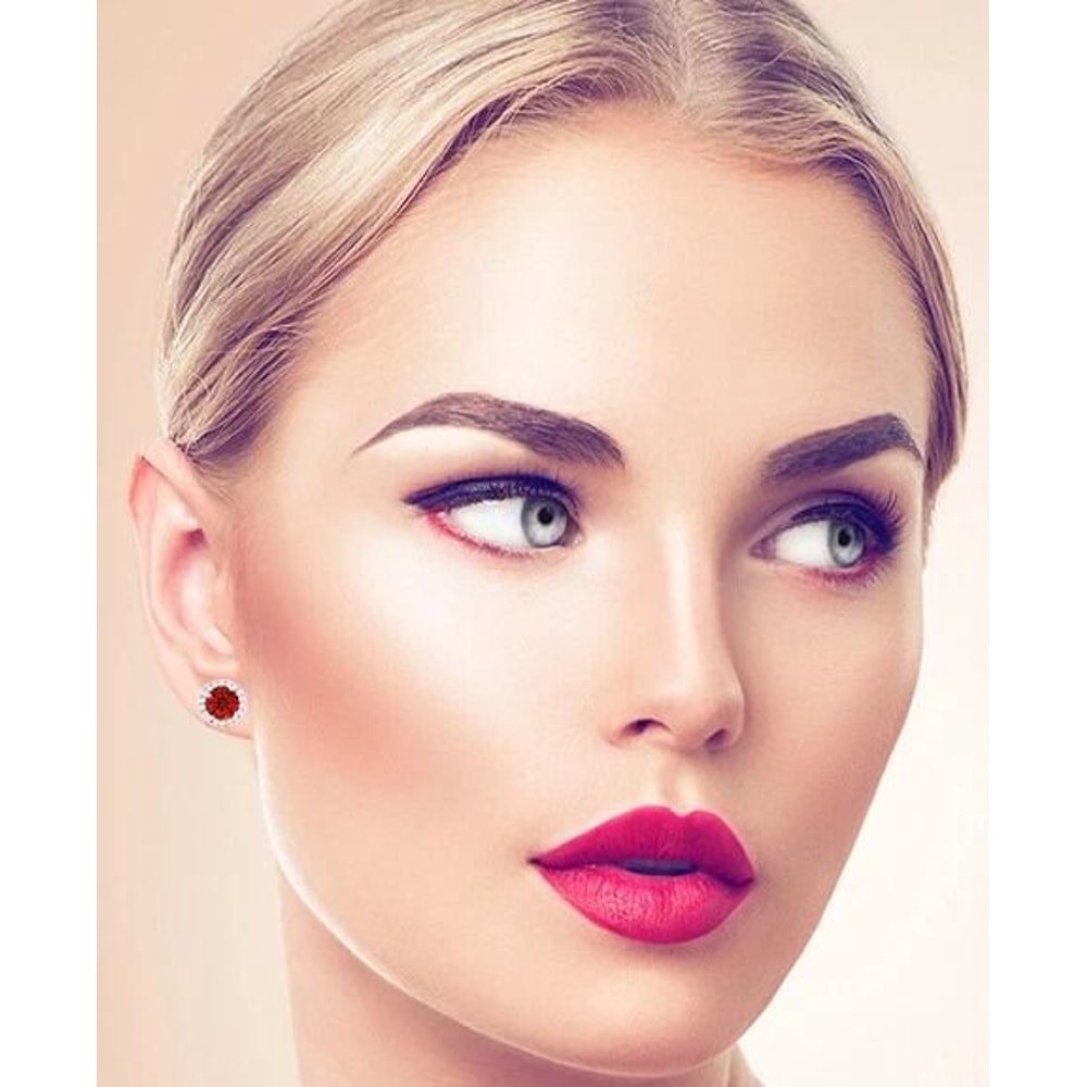 Sterling Silver Halo Stud Earrings For Women Red Emerald And White Topaz RoundCut Studs 1