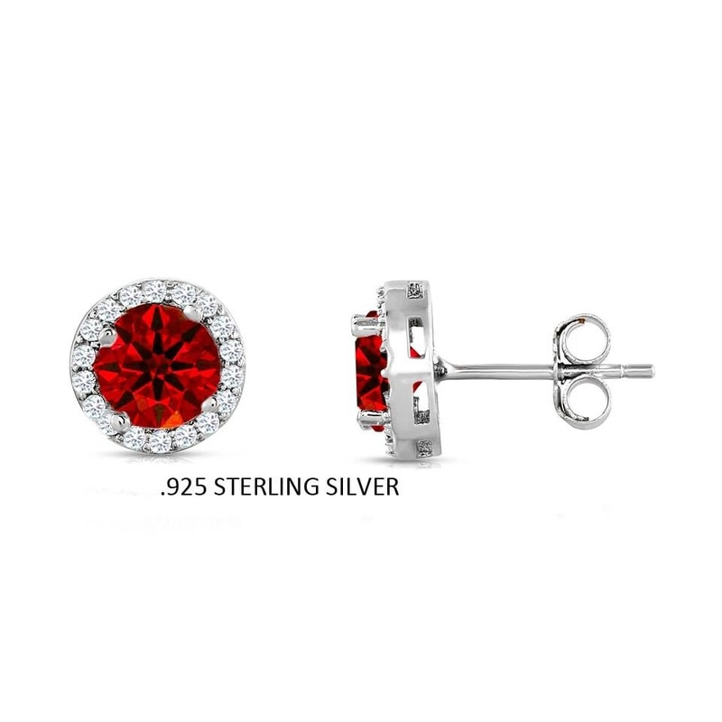 Sterling Silver Halo Stud Earrings For Women Red Emerald And White Topaz RoundCut Studs 2