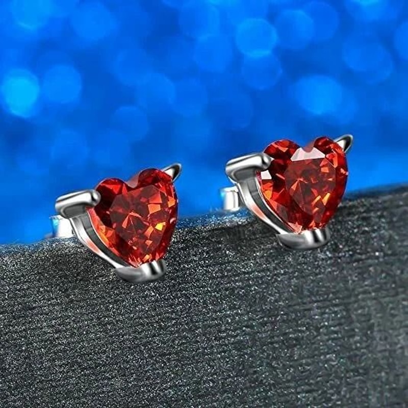 Solid Sterling Silver Red Heart CZ Stud Earrings Cubic Zirconia 6