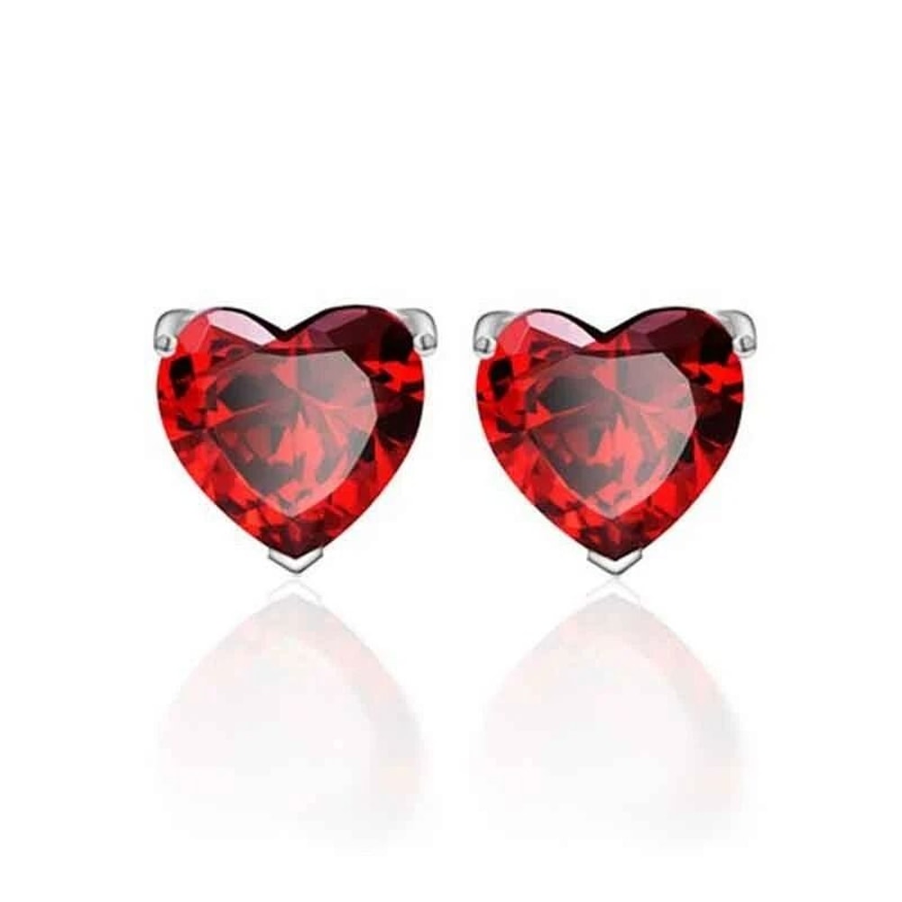 Solid Sterling Silver Red Heart CZ Stud Earrings Cubic Zirconia 0