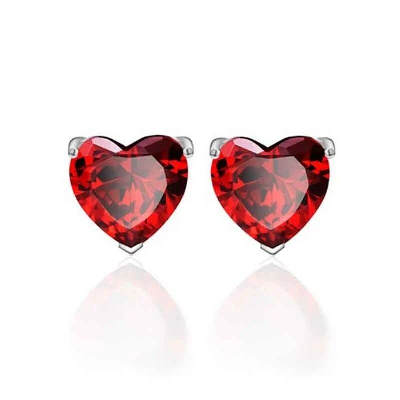 Solid Sterling Silver Red Heart CZ Stud Earrings Cubic Zirconia 0