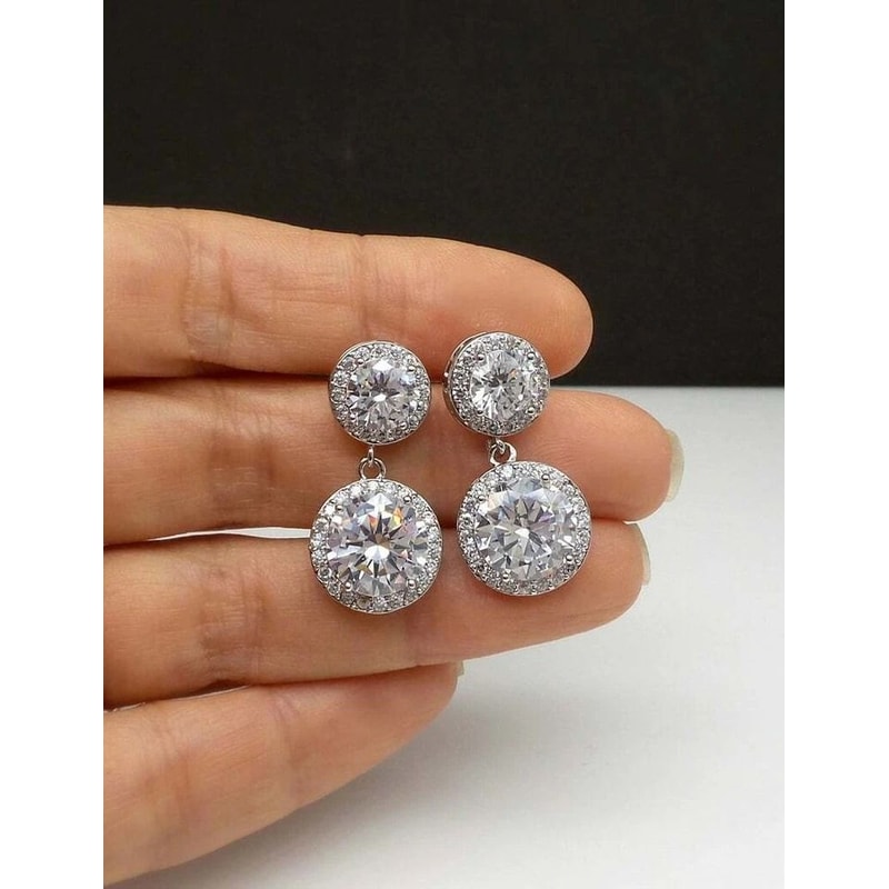 Double Halo Drop Earrings Sterling Silver CZ Round Cut Stud Earrings For Women Swarovski Crystal Je 2