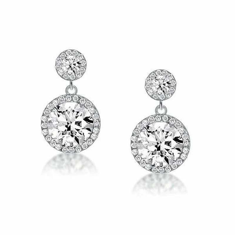 Double Halo Drop Earrings Sterling Silver CZ Round Cut Stud Earrings For Women Swarovski Crystal Je 0