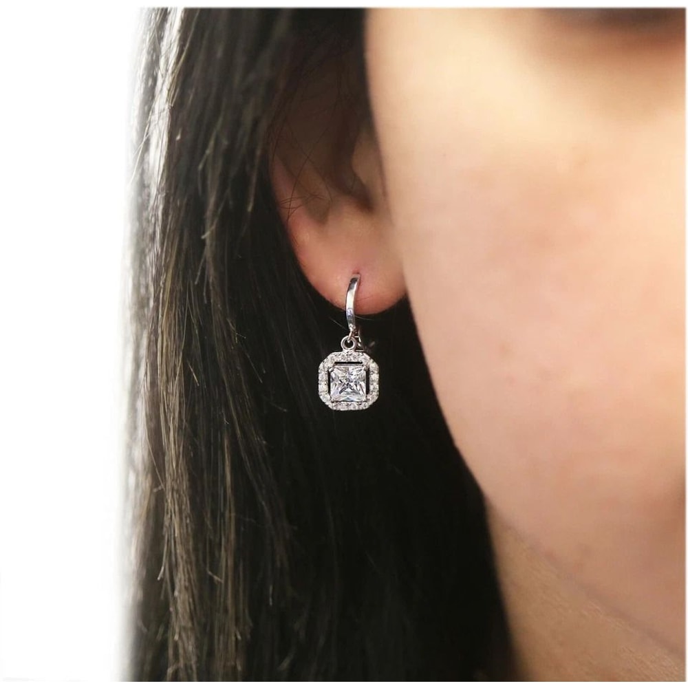 Sterling Silver Drop Dangle Earrings Princess Cut Halo Leverback With AAA Cubic Zirconia Stones CTT 1
