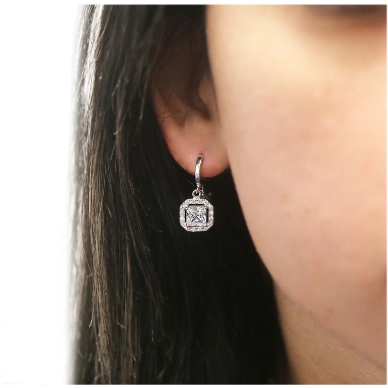 Sterling Silver Drop Dangle Earrings Princess Cut Halo Leverback With AAA Cubic Zirconia Stones CTT 1