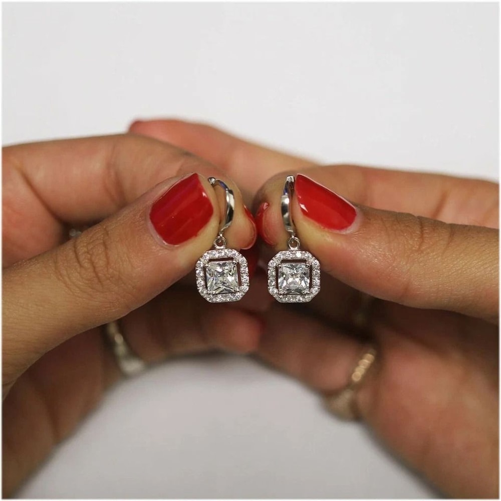 Sterling Silver Drop Dangle Earrings Princess Cut Halo Leverback With AAA Cubic Zirconia Stones CTT 2