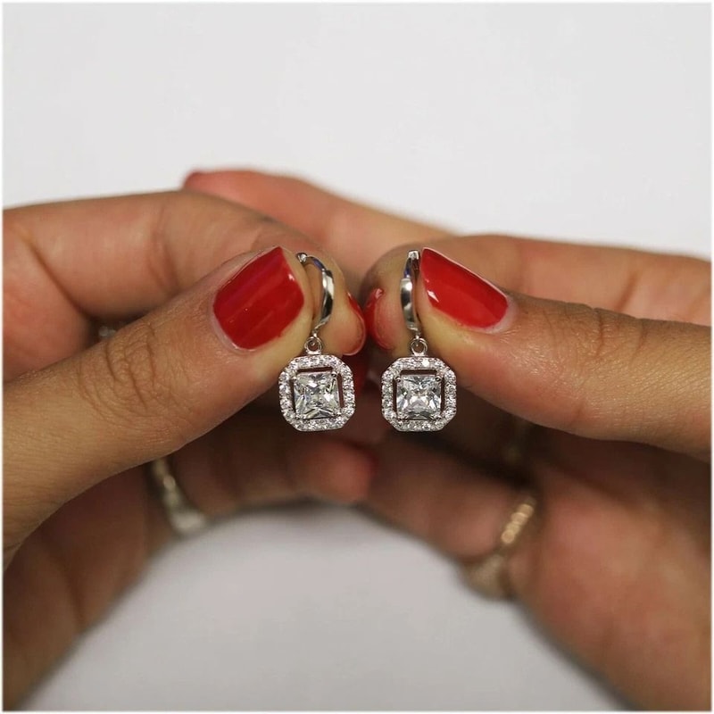 Sterling Silver Drop Dangle Earrings Princess Cut Halo Leverback With AAA Cubic Zirconia Stones CTT 2