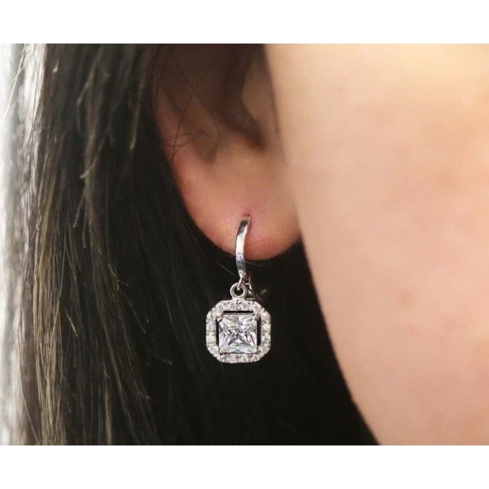 Sterling Silver Drop Dangle Earrings Princess Cut Halo Leverback With AAA Cubic Zirconia Stones CTT 3