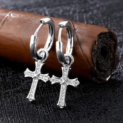 white gold plated cz cross, leverback huggie hoop drop earrings for men & women, timeless & elegant jewelry