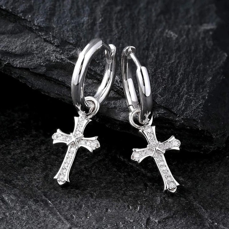 White Gold Plated CZ Cross Leverback Huggie Hoop Drop Earrings For Men Women Timeless Elegant Jew 1