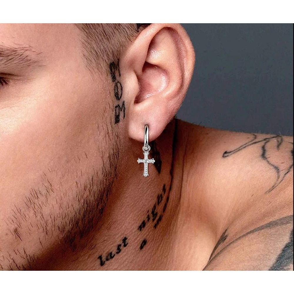 White Gold Plated CZ Cross Leverback Huggie Hoop Drop Earrings For Men Women Timeless Elegant Jew 2