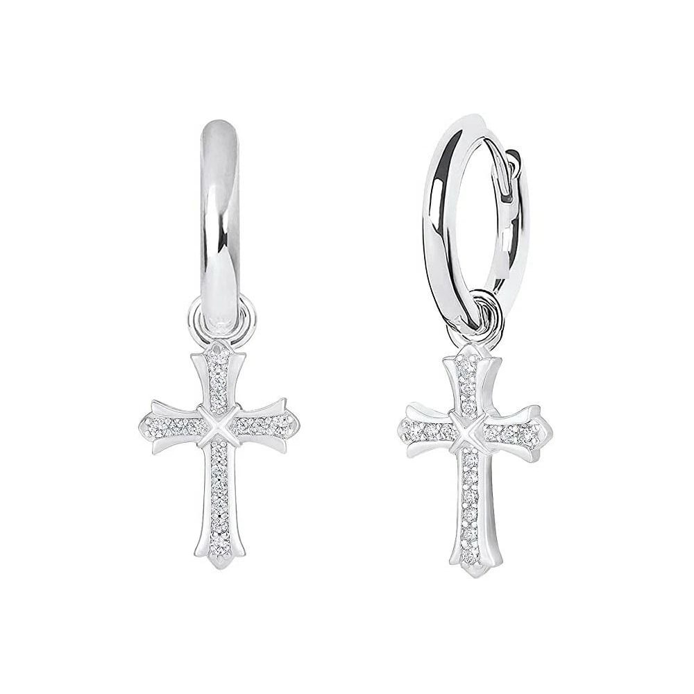 White Gold Plated CZ Cross Leverback Huggie Hoop Drop Earrings For Men Women Timeless Elegant Jew 3